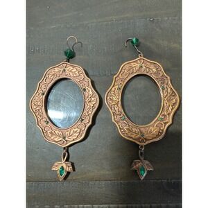 Vintage Copper Tone Leaf Photo Frame Christmas Ornaments Green Rhinestone Set 2